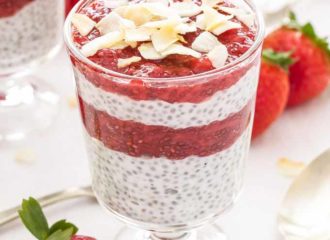 Chia pudding layered with fresh, blended strawberries